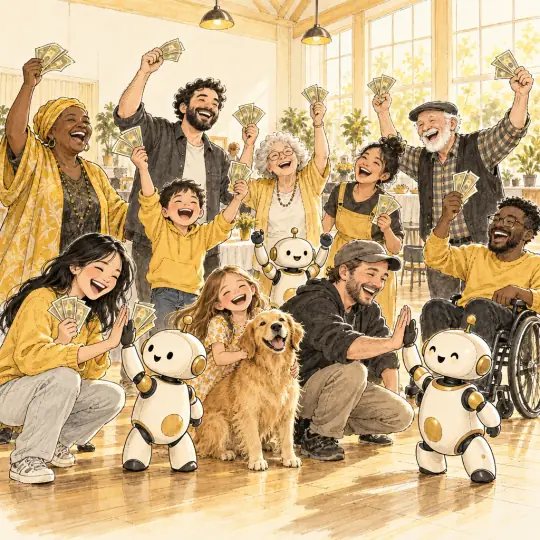 Sketch of a happy meetup in a sunny hall, people waving money and high-fiving small robots, with a golden retriever.