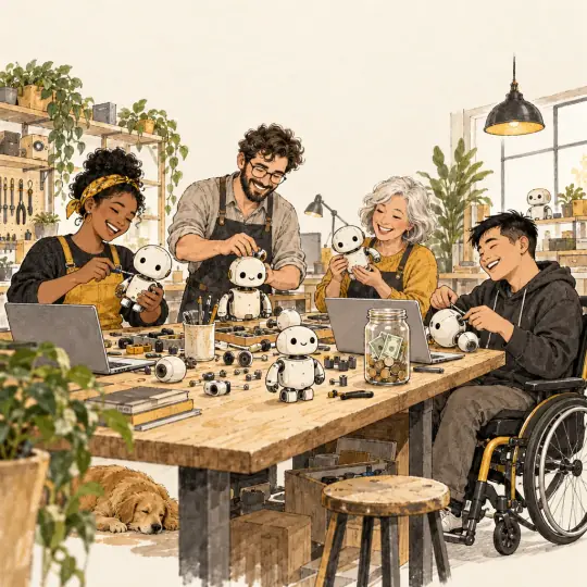 Sketch of four freelancers, one in a wheelchair, happily assembling small friendly robots at a workshop bench with coins and banknotes.