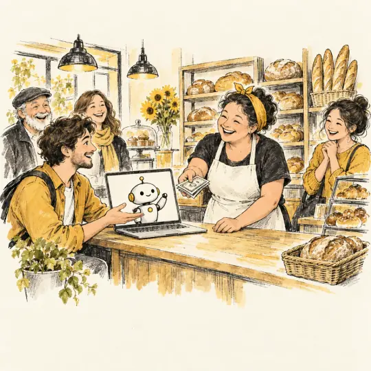 Sketch of a freelancer showing a robot on a laptop to a delighted bakery owner who hands over banknotes.